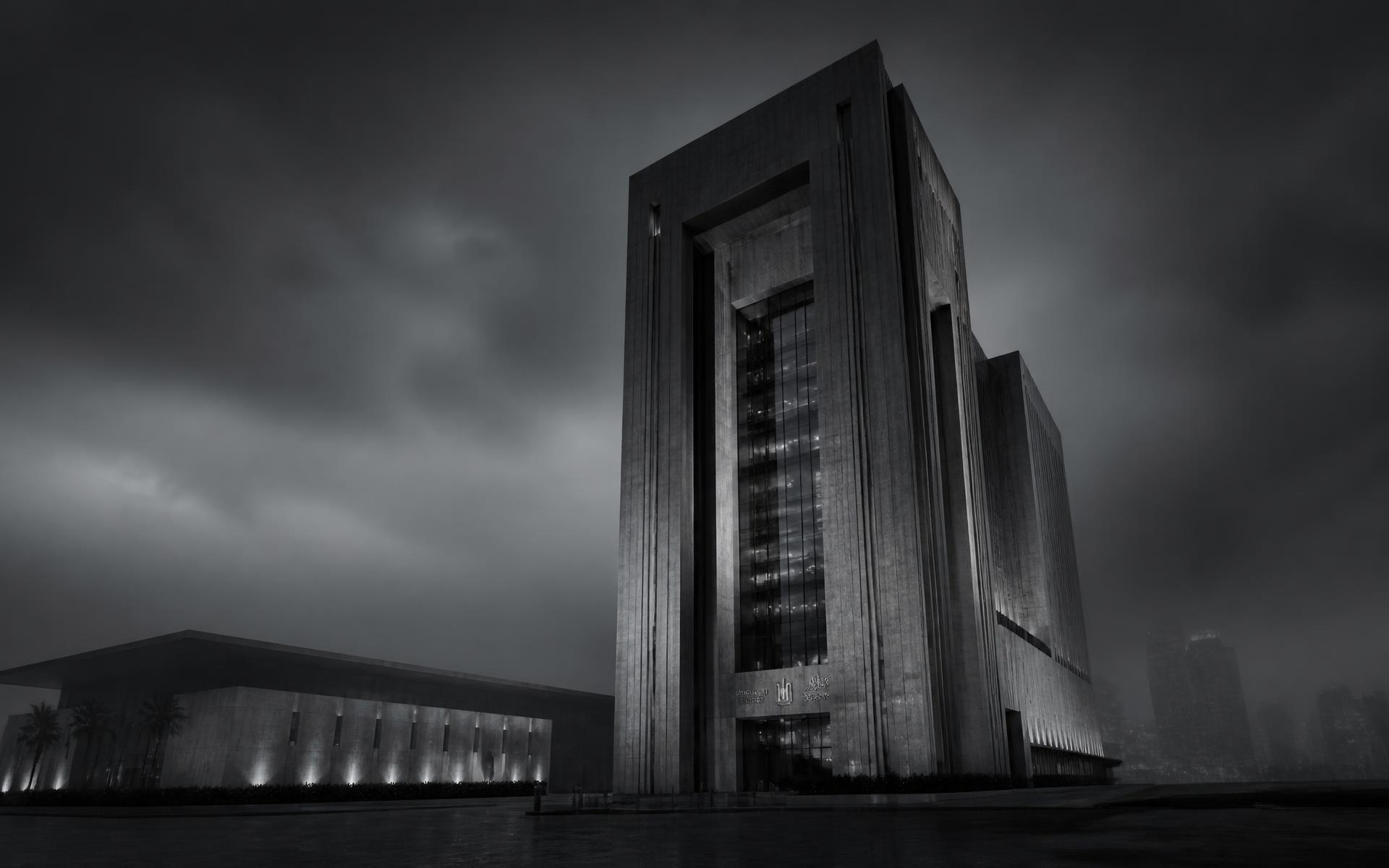 Monumental modern tower at dusk